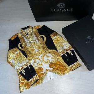 SILK VERSACE MENS SHIRT SIZE 58 XL BLACK WHITE  GOLD ORNATE BAROQUE BUTTON DOWN